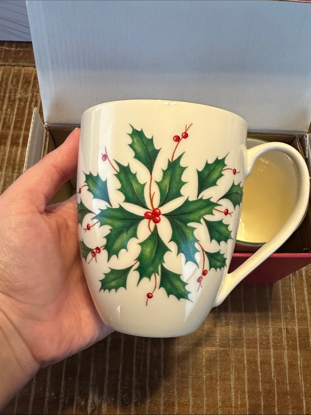 Lenox Holiday Cream Mugs with Green Holly and Red Berry Accents - Set of 2 - Picture 6 of 16